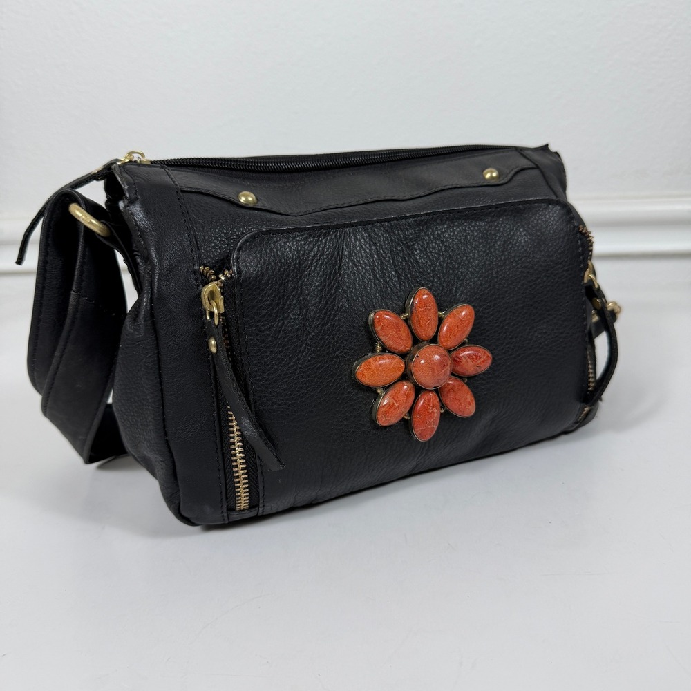Great American Leather Works Black Leather Crossbody Bag Stone Flower